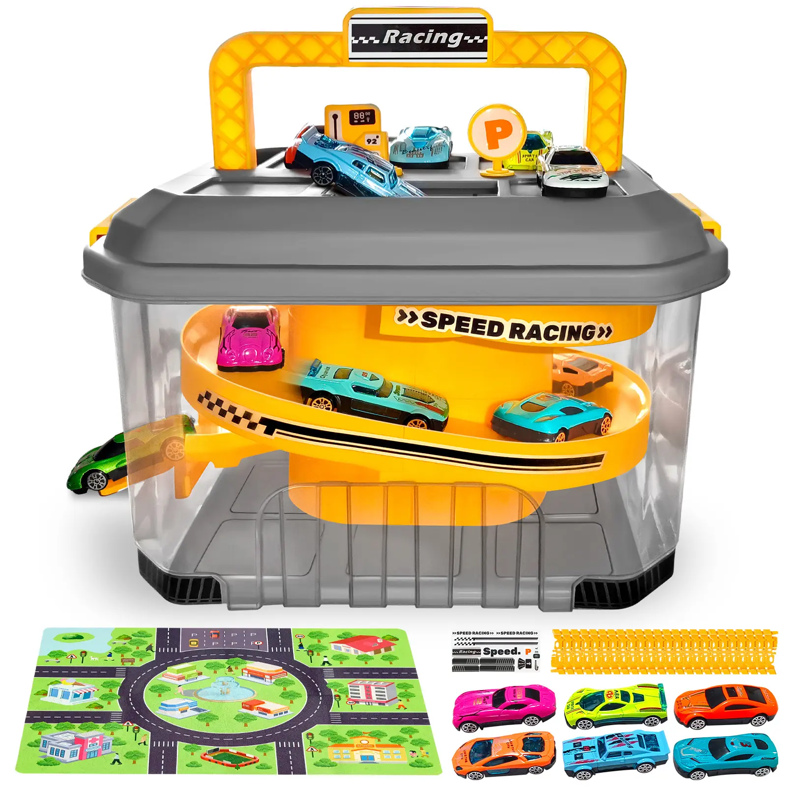 Saichotoy Toy Car Track Storage Playset - Car Toys Race Set Including 12 Diecast Cars, PlayMat, Race Tracks, Car Ramp, Kids Birthday Gift Toys for 2 3 4 5 Year Old Boys 1-3 2-4 Toddlers