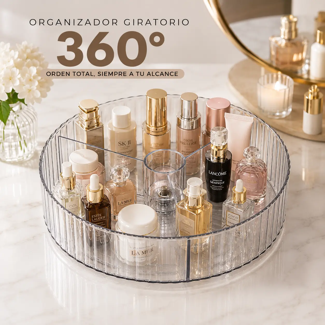 360° Rotating Makeup Organizer, Clear Cosmetic & Skincare Storage Tray with Compartments