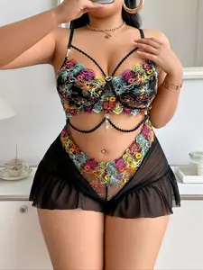 Women's Plus Size Sexy Corset Top, Floral Embroidery Sheer Bodysuit, Sexy Soft Comfy Lingerie Fitted All-Season Intimate Wear, Stylish & Comfortable Design
