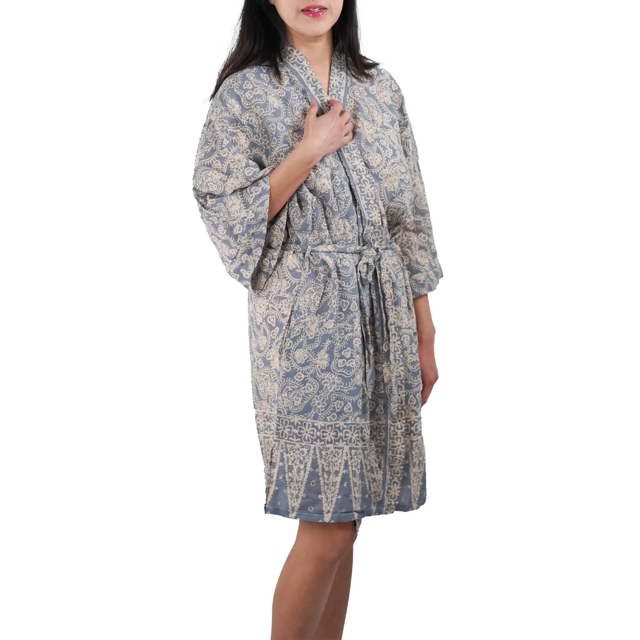 Hand Dyed Batik Robe Kimono, 100% Cotton, Gray, Silver Petals Fabric Women