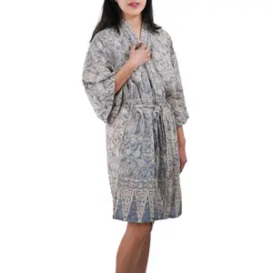 Hand Dyed Batik Robe Kimono, 100% Cotton, Gray, Silver Petals Fabric Women