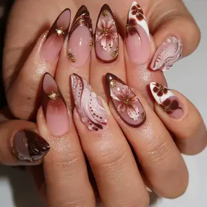 24pcs Medium Almond Nails, Glossy French Tip, 3D Gel Floral Design, Pearl & Bead Accents, Acrylic False Nails for Women, Party & Daily Use, Flower Design Nails