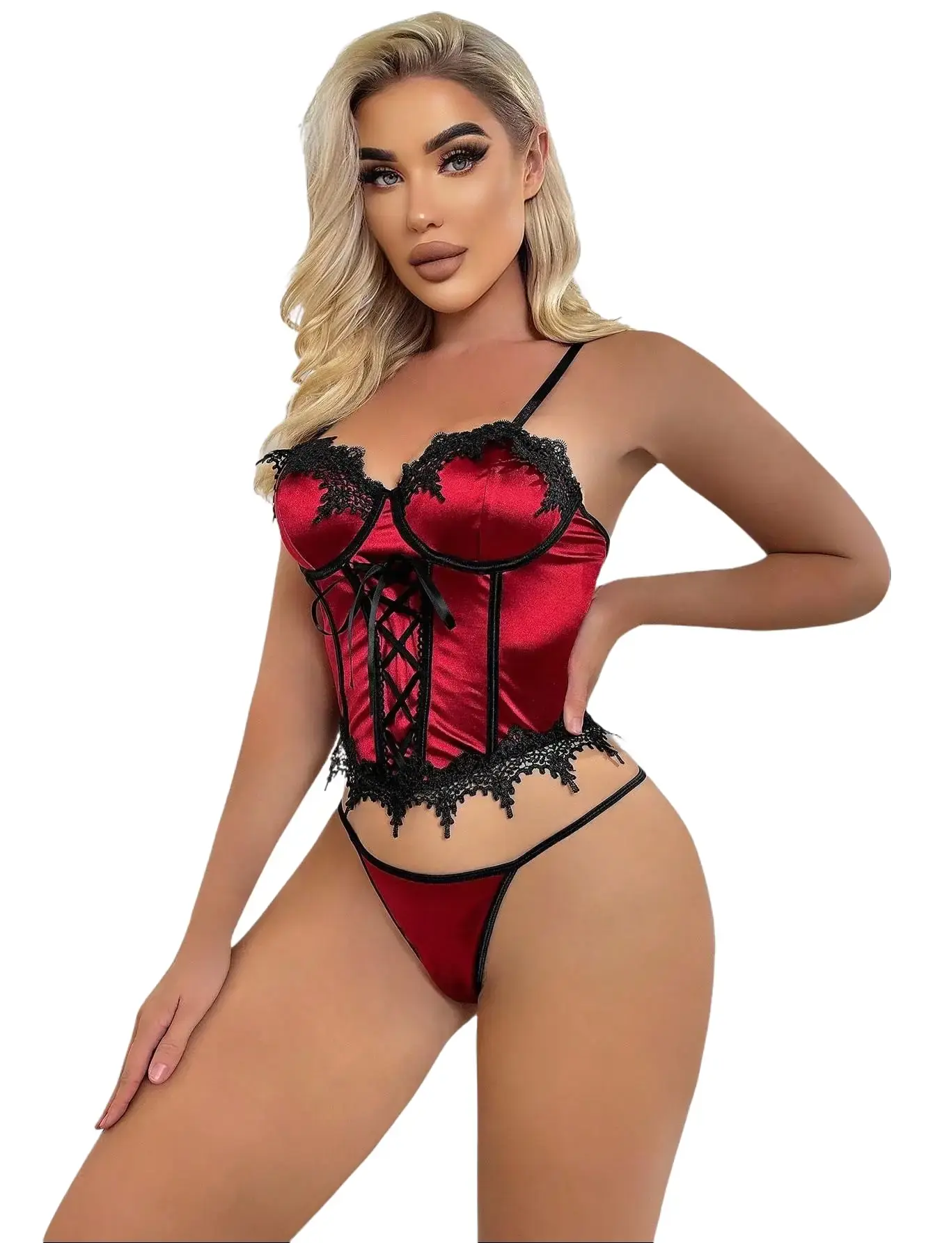 Vintage Wine Red Glossy Satin Corset  Two Piece Set, Front Crisscross Lace Up Bustier With Black Scalloped Lace Trim, Back Adjustable Lace Up Design, Matching Satin Thong Panty, Romantic Valentine Boudoir Waist Cincher Intimates soft supportive lingerie c