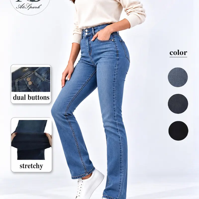 AtSpark Lady's High Waisted Kick Flare Boot Cut Jeans - Basic Super High Rise Stretch Denim, Tummy Control, Butt Lift, Curve Hugging, Button Closure, Minimalist, Regular & Plus Sizes, Dark Blue Wash, Y2K Fall Streetwear Clothing (Jeans for Women)