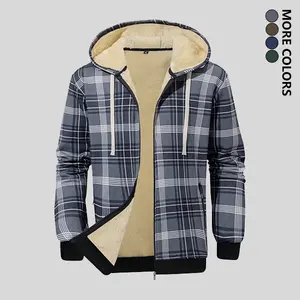 Men's Fleece-lined Hooded Jacket Thick Winter Coat with Plaid Pattern Zipper Pockets Suitable for Cold Weather and jackets Choice for Skiing jackets Front Zipper zip jackets for Autumn and Winter Men's Winter Jacket Menswear  sleeve Casual Checked Grey