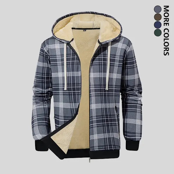 Men's Fleece-lined Hooded Jacket Thick Winter Coat with Plaid Pattern Zipper Pockets Suitable for Cold Weather and jackets Choice for Skiing jackets Front Zipper zip jackets for Autumn and Winter Men's Winter Jacket Menswear  sleeve Casual Checked Grey