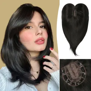 14Inch Hair Toppers for Women with Thinning Straight Topper 6"x6" large Base with Bangs Synthetic Wig Clip Natural Hair Piece Black