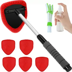 8pcs Windshield Cleaning Kit, Including 5 Reusable And Washable Microfiber Pads And Car Windshield Wiper Set with Retractable Handle, Car Windshield Cleaner