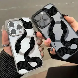 A Transparent Magnetic Phone Case with Cool Black Python Pattern, Suitable for iPhone 17 Air/16 Plus/15 Pro Max/14 Pro/13/12/11/XS Max/X, Ideal Gift for Family, Friends, Lovers, Boyfriend, Girlfriend, Best Choice for Holiday Gifts MKLCXK46