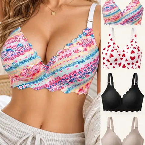 Women’s 4-Pack Seamless Wireless Bras, Mixed Floral & Heart Prints, Soft Padded Full Coverage, Adjustable Straps, Machine Washable, Year-Round Wear, Bras for Women, Everyday Casual Underwear
