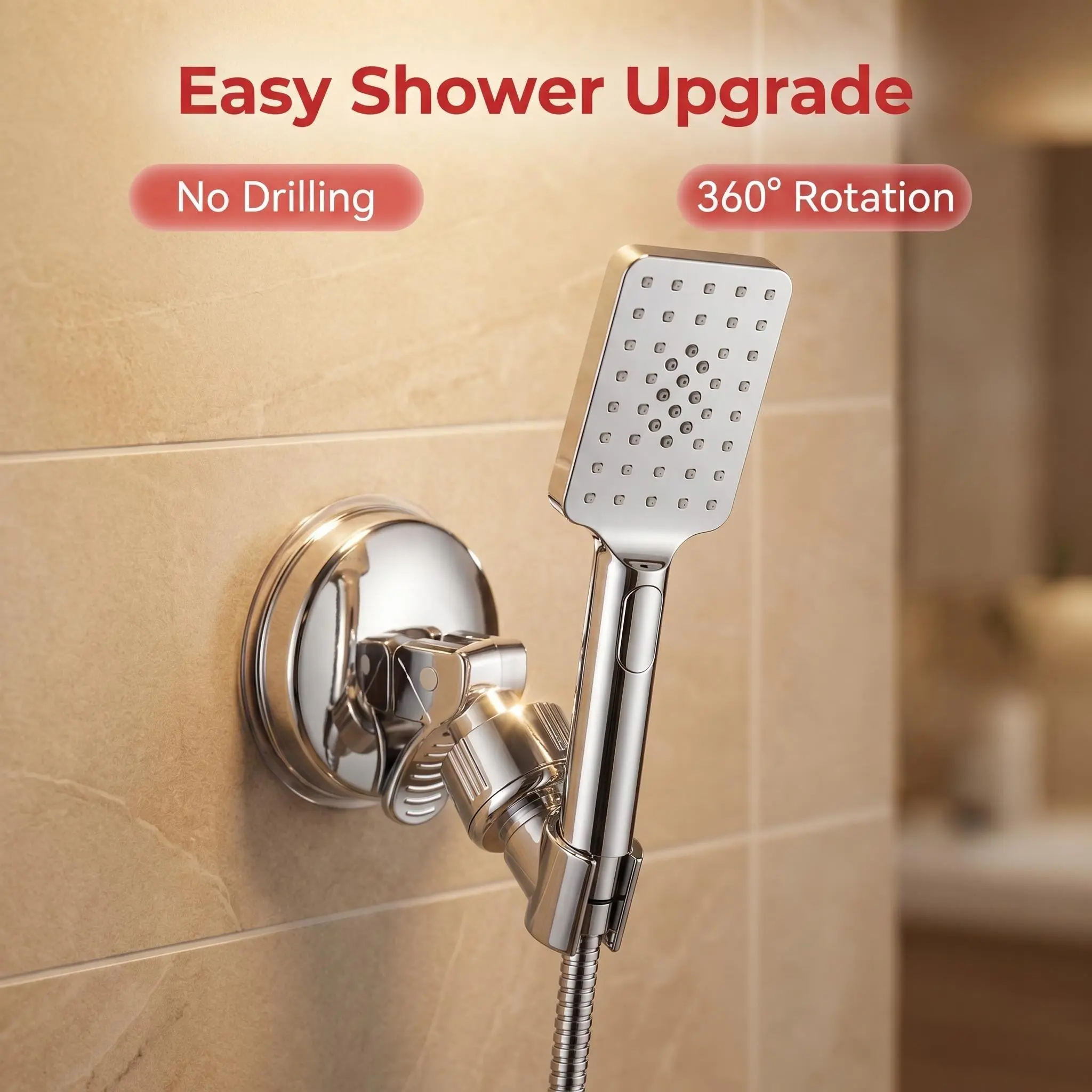Shower Head Holder With Powerful Vacuum Suction Cup, Heavy Duty Adjustable Wall Mount Shower Bracket, No Drill Installation Never Fall Off Bathroom Shower Stand
