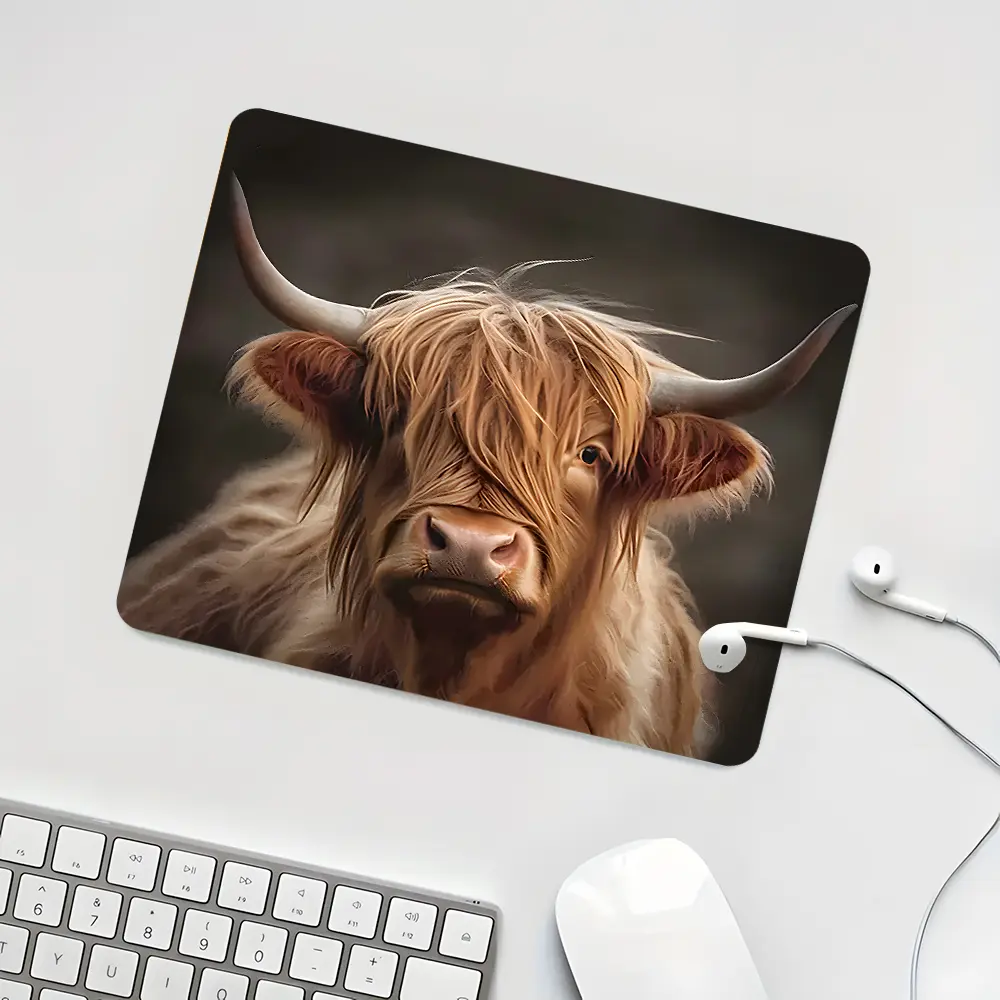 Highland Cow Art Square mouse pad Animal Aesthetic Desktop Artistic Decorative Protective Pad, Rubber Anti-slip Lockedge Work Pad, Small Size Suitable for Laptop, Desktop Computer Games, Work, Family, Workstation, Mousepad Design, Gaming Mouse Pad