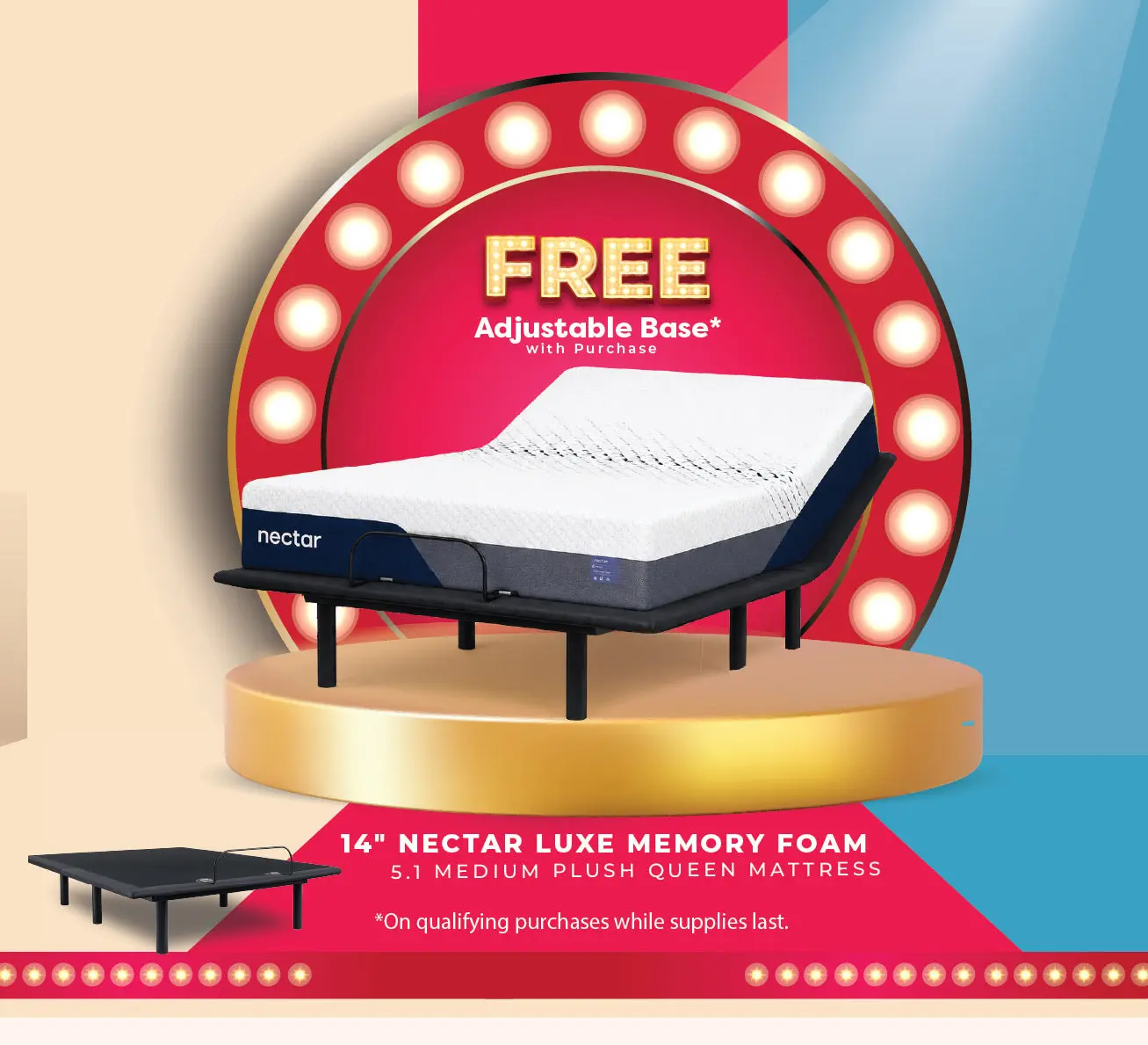 14" Nectar Luxe Memory Foam 5.1 Medium Plush Queen Mattress + Free Adjustable Base