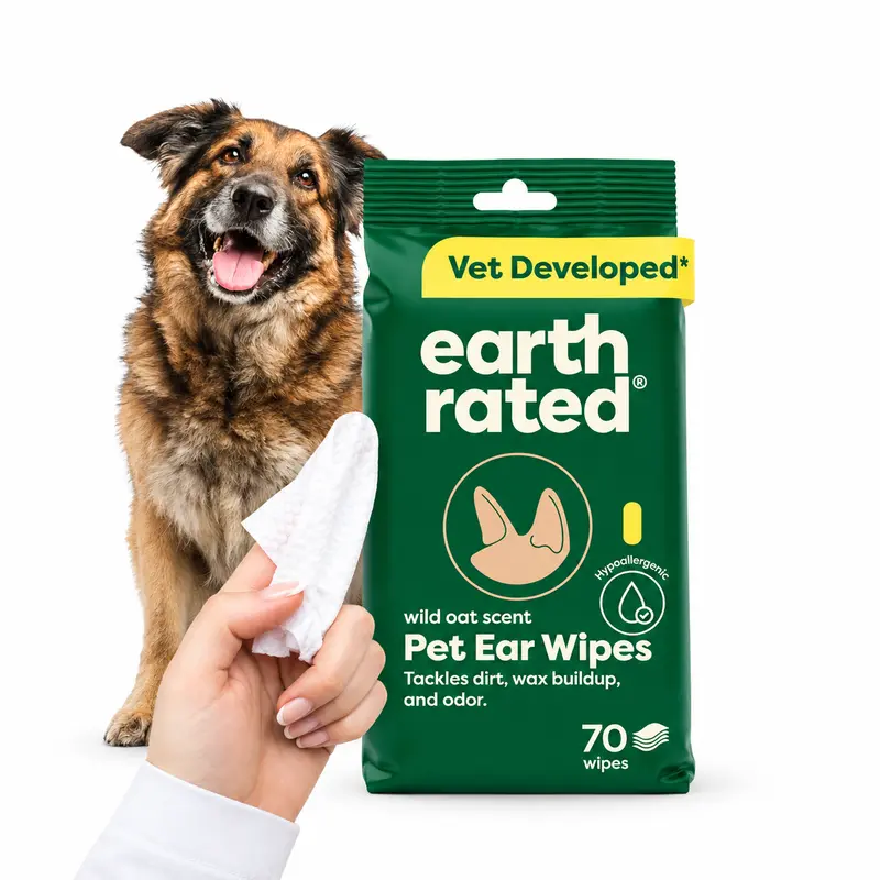 Earth Rated Pet Ear Wipes - Vet-Developed Pet Ear Cleaning Wipes for Dogs & Cats, Hypoallergenic Dirt & Wax Remover, Wild Oat Scent, 70 Count
