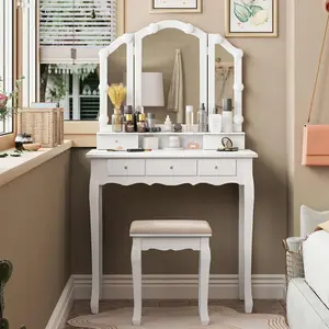 Makeup Vanity Set with LED Mirror Cushioned Stool White