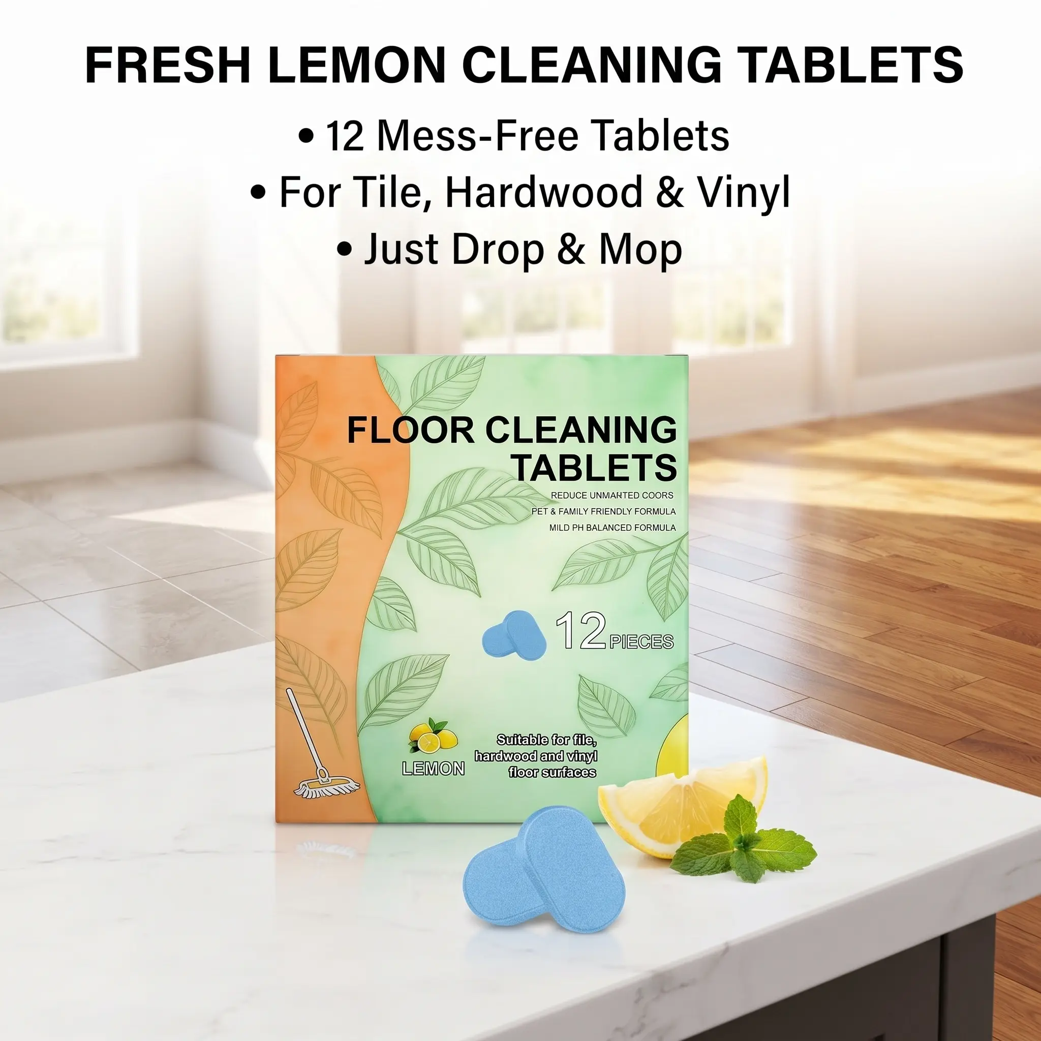 Lemon Scent Floor Cleaning Tablets (12 Count) - Pet-Friendly Mopping Solution for Tile, Hardwood, Vinyl Floors