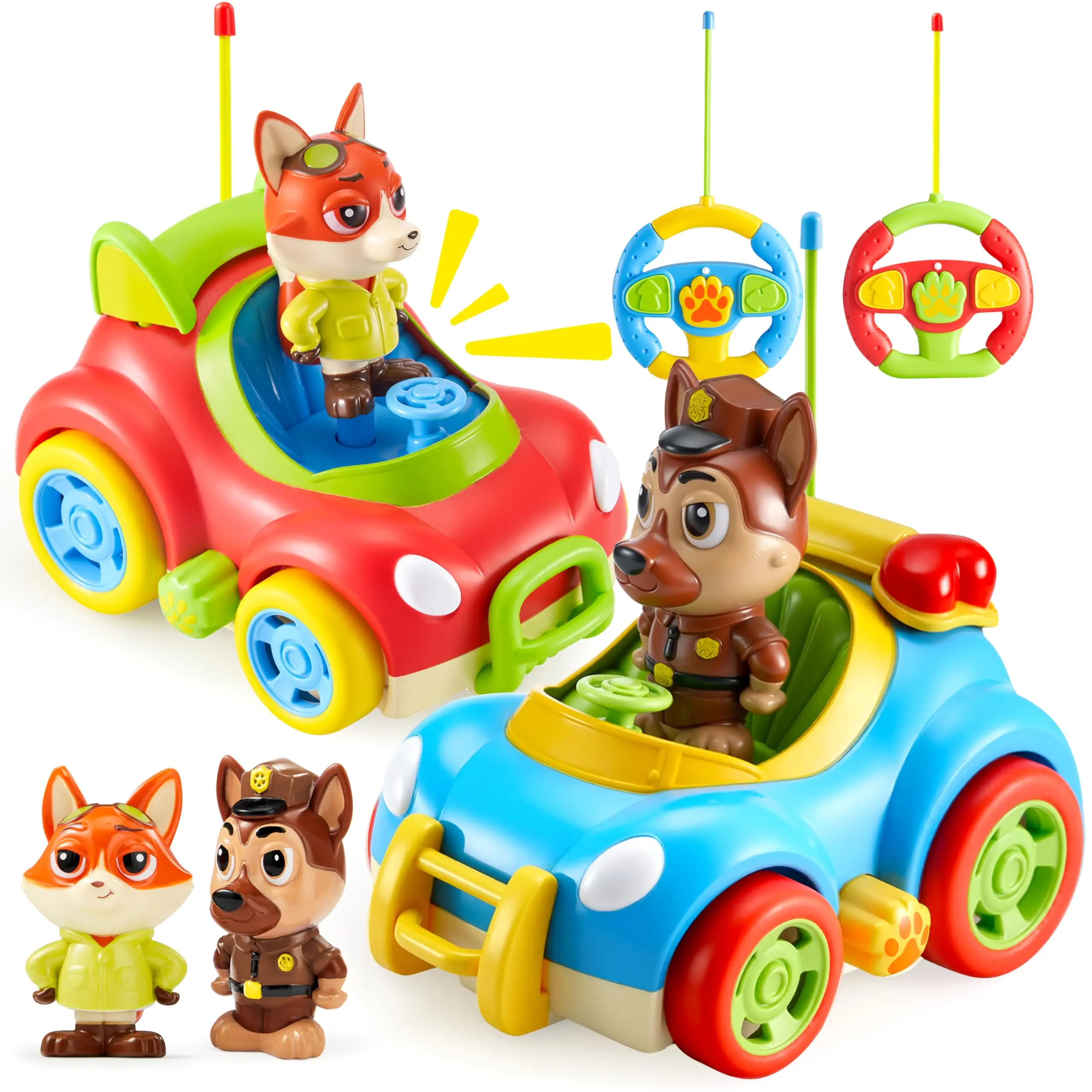 lalalark 2 Pack Remote Control Car for Toddlers, RC Cars with Cartoon Figure, Kids Toy Bumper Cars with LED Lights and Sounds, Light Up Car with Music, Christmas Birthday Gift for Boys Girls