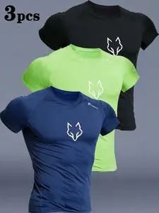 Men's Casual Sports T-Shirt, 3-Pack Breathable Fitted Short Sleeve, Compression Stretch Quick Dry, Round Neck, Ideal for Basketball Gym Outdoor Running Cycling