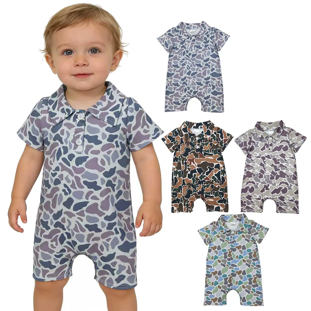 Unisex Camo Print Polo Onesie Bodysuit - Summer Infant Toddler Outfit, Baby Boy Girl Clothes, Essential Toddler Jumpsuit