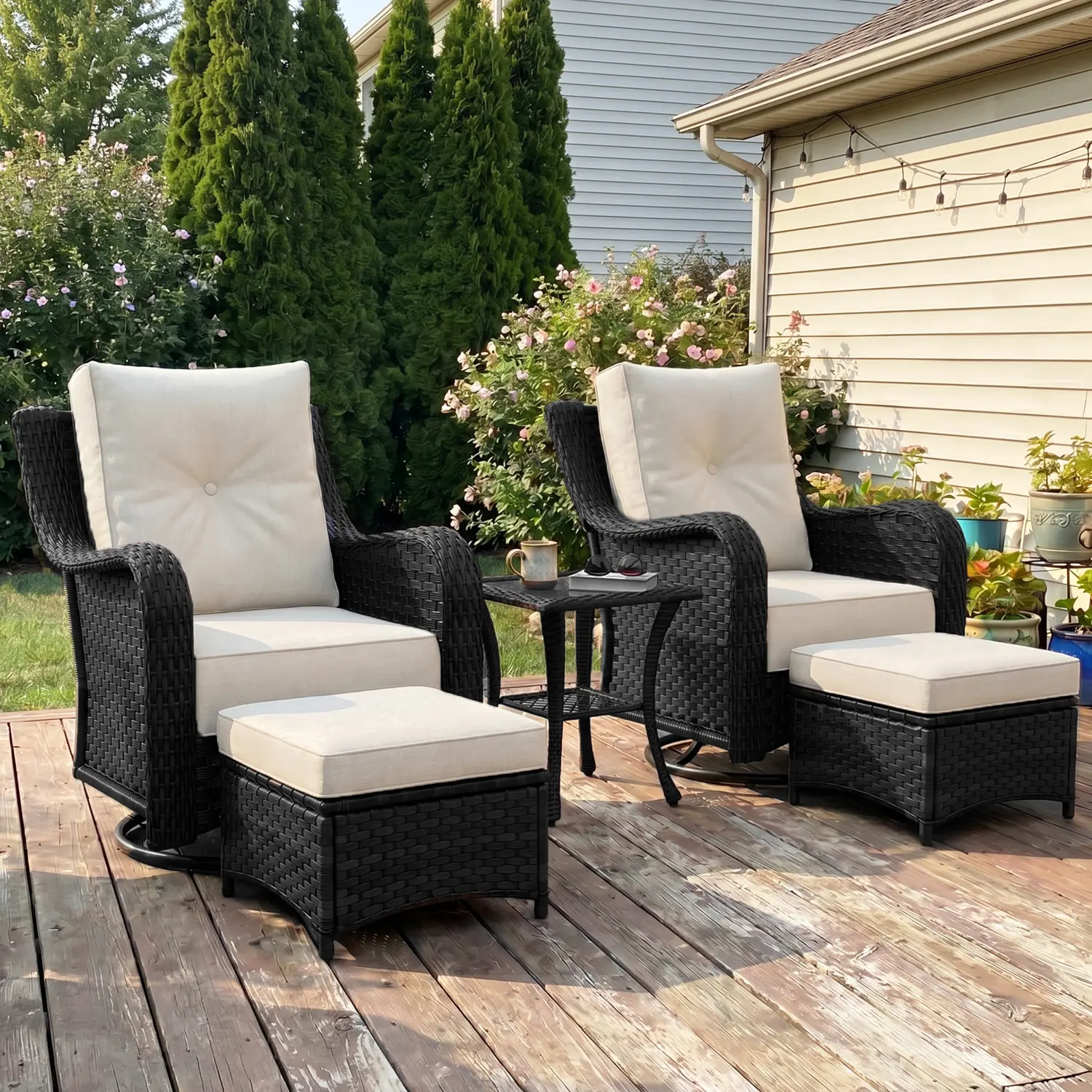【3 Packages Shipping】LayinSun 5-Piece Outdoor Wicker Swivel Rocking Chairs with Rattan Side Table and ottoman, Patio Furniture Set with 6-inch Comfy Cushions for Garden, Backyard, Porch