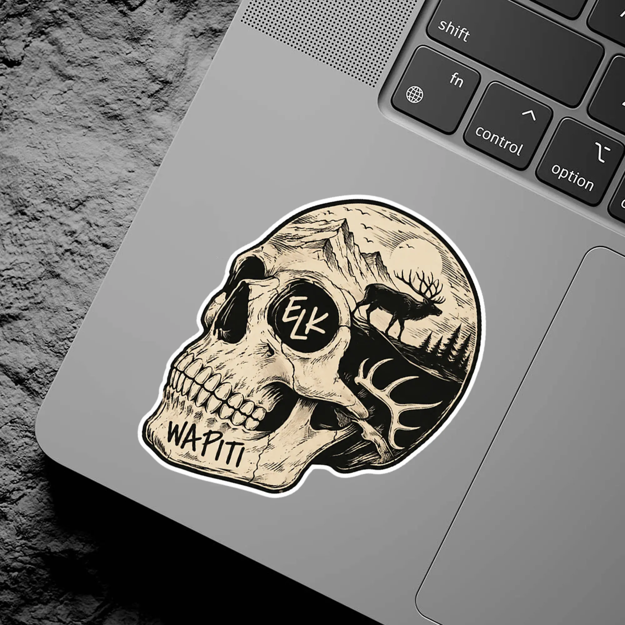 Wapiti Elk Skull Hunting Mountain Landscape Vinyl Sticker, Waterproof Die Cut Antler Hunter Truck Gun Case Decal, Laptop Phone Decor