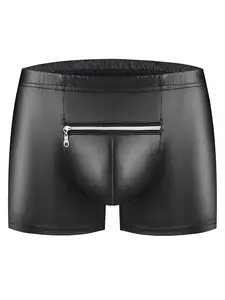 Men's Shiny Faux Leather Boxer Hot Bulge Pouch Shorts Zipper Stretch Waistband Comfort Shorts