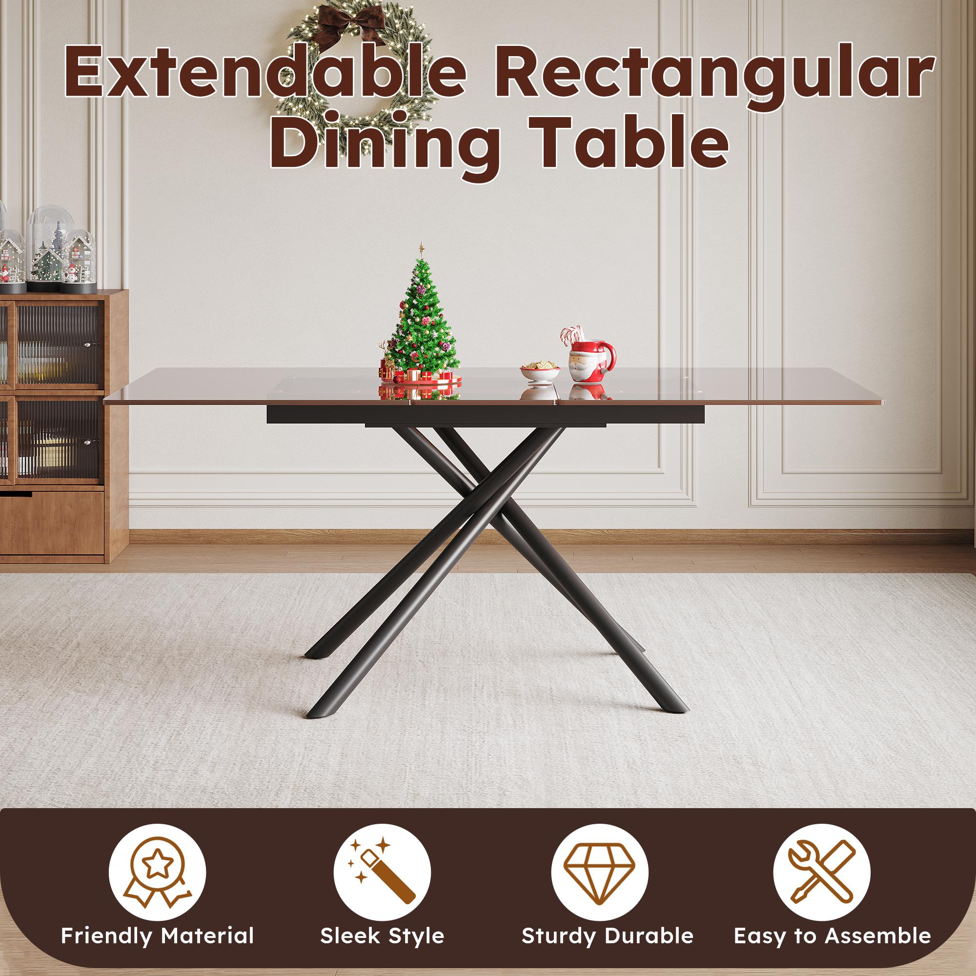 59" Expandable Modern Dining Table with Retractable Leaf, Space Saving Glass Top & Steel X-Base for Small Kitchen Apartment, Dark Brown