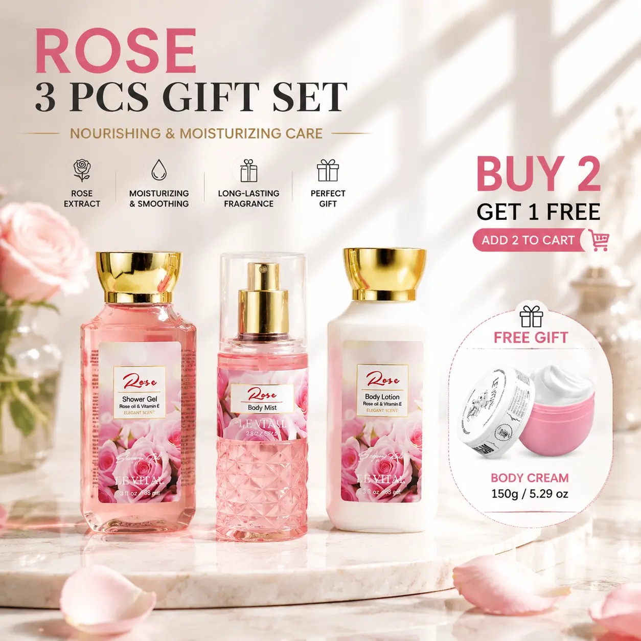 Le Vital Women's 3-Piece Rose Scent Body Care Gift Set - Luxury Rose Travel Mother’s Day Kit with Lightweight Moisturizing Lotion, Shower Gel, Body Mist & Pouch, Moisturize, Valentine’s Day, All Skin, Set With Bag, Adults, Fragrance, Cosmetic, Cherry, Van