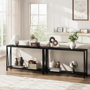 【Christmas Gift】Console Table Two Tier Entryway Table with Storage Forty Three Inch Narrow Sofa Table with V Design Industrial Console Black