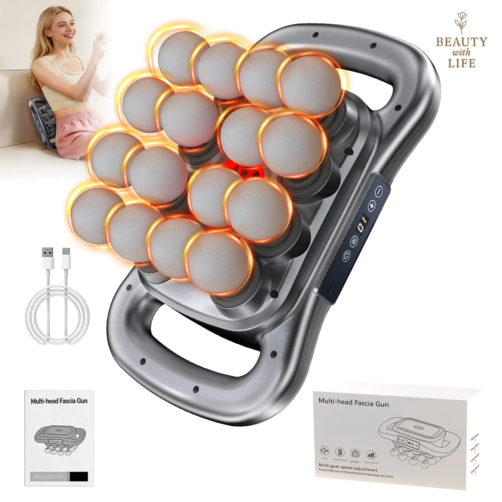 16-Head Massage Gun Deep Tissue Relief PowerfulMassage Machine for Back Pain,Muscle Recovery,9Modes,9 Intensity Levels Adjustable,TherapyTool forCirculation&Rehab,Quiet Anxiety Relief Gadget for Stress,Gym Office Home Use, Perfect Gift for Men&Women