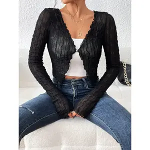 Women's solid color cardigan, transparent cardigan, spring and autumn casual long sleeved cardigan, fashionable women's knitted daily clothing, top, breathable casual topRAIMENTRY