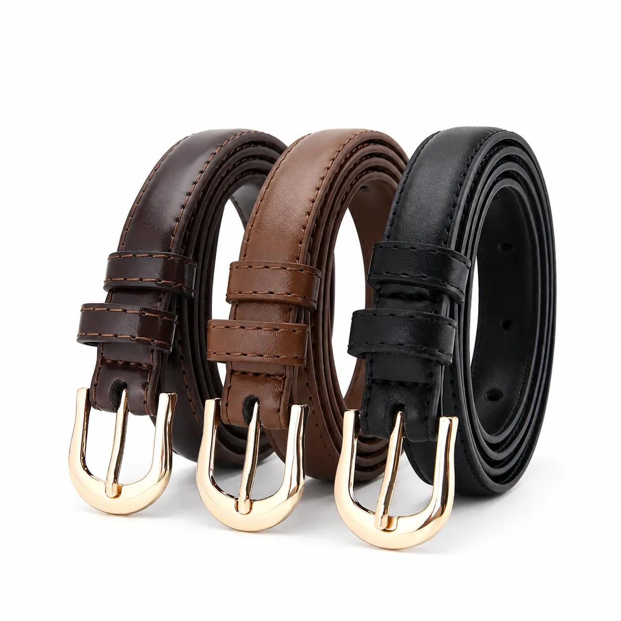 Women's Skinny PU Leather Belt with Gold Buckle, Adjustable Thin Waist Belt for Jeans, Pants, Dresses, Fashion Casual Everyday