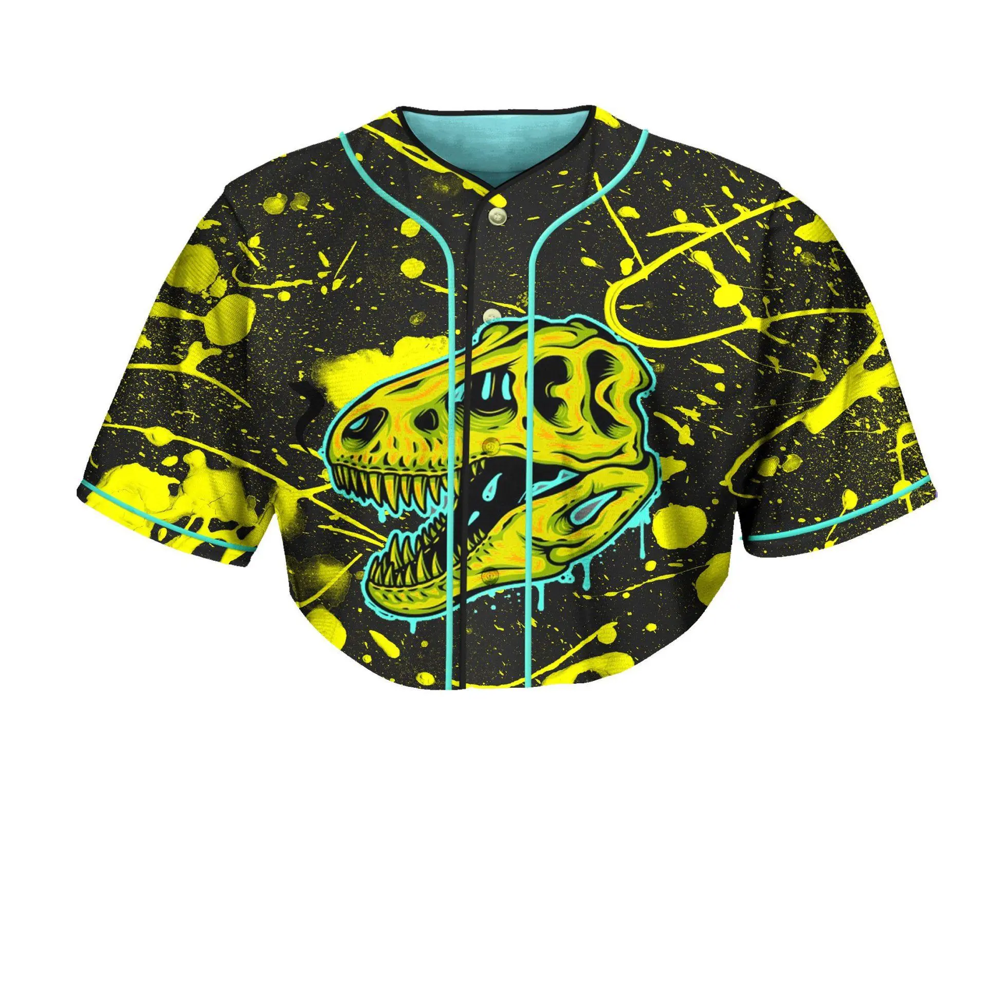 T-Rex Headbanger Inspired Splash Crop Baseball Jersey, Trippy EDM Rave Apparel