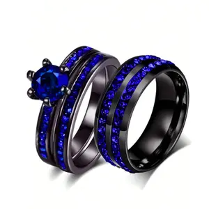 Fashionable CZ Stone Silver Plated Couple Rings for Women Blue Ring Set, 1 Pair Silver Plated Double Row Stone Ring for Men, Wedding/Engagement Rings for Couples, Jewelry Valentine's Day Gift