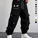 Men’s Purple Woven Cargo Jogger Pants - "Better Tomorrow" Print, Tear-Resistant Skin-Friendly Fabric, Adjustable Drawstring Waist, Multiple Cargo Pockets, Suitable for Streetwear, Casual Gatherings