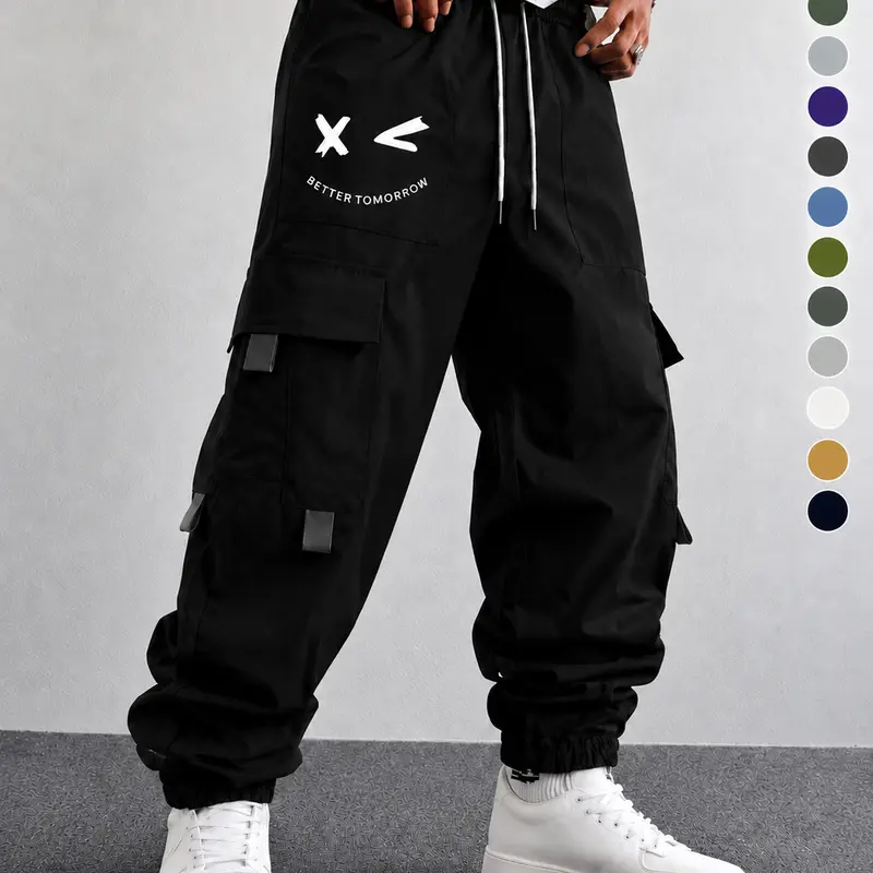 Men’s Purple Woven Cargo Jogger Pants - "Better Tomorrow" Print, Tear-Resistant Skin-Friendly Fabric, Adjustable Drawstring Waist, Multiple Cargo Pockets, Suitable for Streetwear, Casual Gatherings