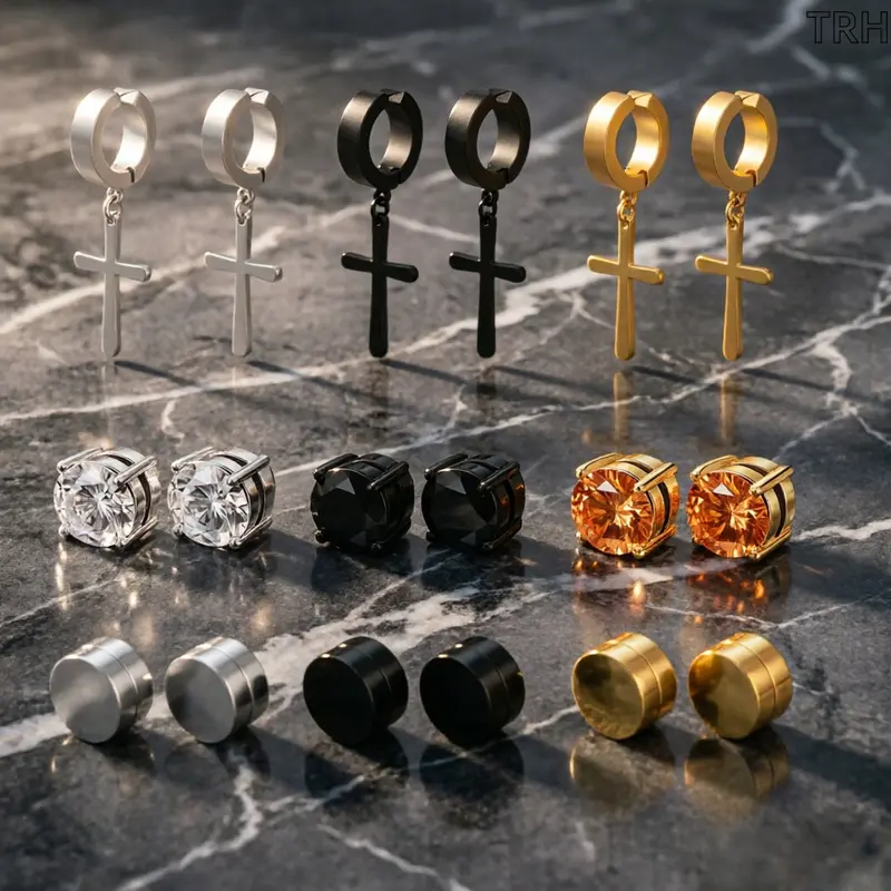 No-Piercing Magnetic Earrings Set - Clip-On No Pinching Punk Cross, Crystal Round Studs, 3-Tone Men's & Women's Funky Unique Goth Accessories, Unisex Streetwear Costume Jewelry for Ear Stacking