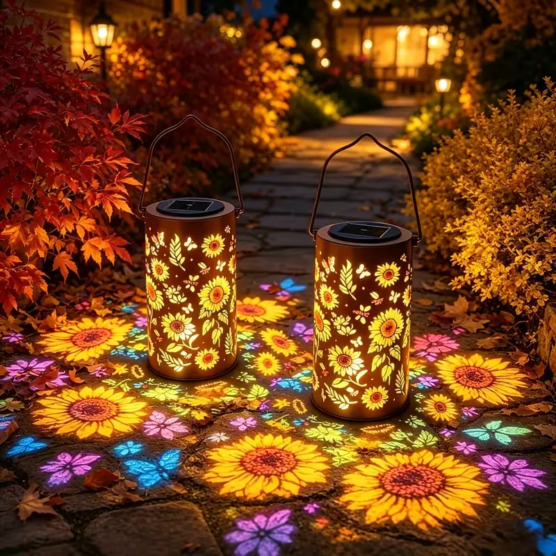 1pc,Solar Sunflower Flower Style Hanging Lamp Color Light Lawn Lamp Courtyard Garden Landscape Decorative Lamp Novelty Lighting Iron Art Hollow Projection Shaped Lamp Outdoor Waterproof Decorative Lantern