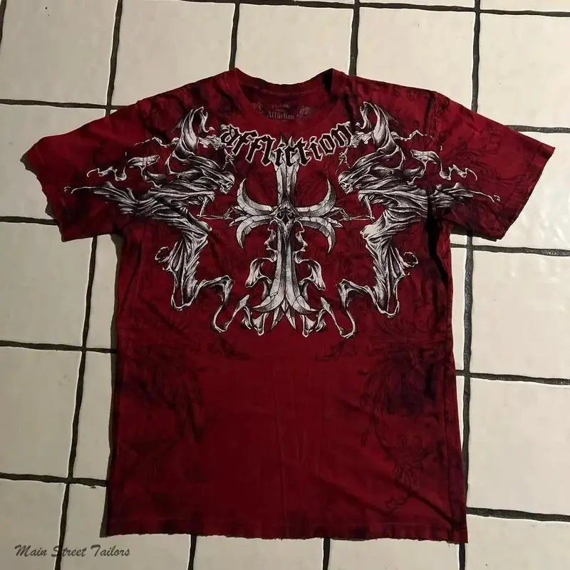 90s Red Affliction T shirt Men American Retro Cotton Round Neck Washed Shirt Hip Hop Couple Summer Specials Wear Goth T Shirts