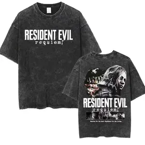 Retro Washed Black Oversized Resident Evil Requiem Horror Graphic T-Shirt Unisex Y2K Streetwear Heavy Cotton Casual Short Sleeve Tee Dark Anime Comic Top Double-Sided Print Apparel Gamer Gift Loose Fit Outdoor Daily Wear Mens Womens Clothing US Size