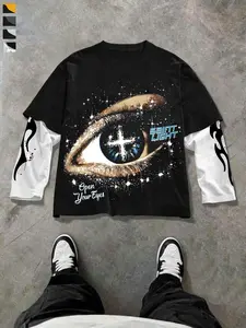 Fall outfits,Men's Fall Two-Piece Fitted Long Sleeve T-Shirt Set, Blue Eye & Cross Graphic Design Outer Layer, Flame Inner Layer, Trendy Streetwear Style