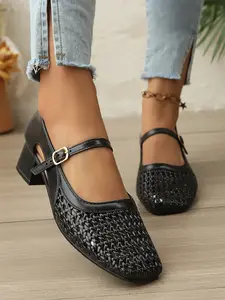 Women's Square Toe Woven Hollow Out Casual Flat Shoes, PU Leather Upper, Rubber Sole, Medium Width, All Season Fashion Sneakers