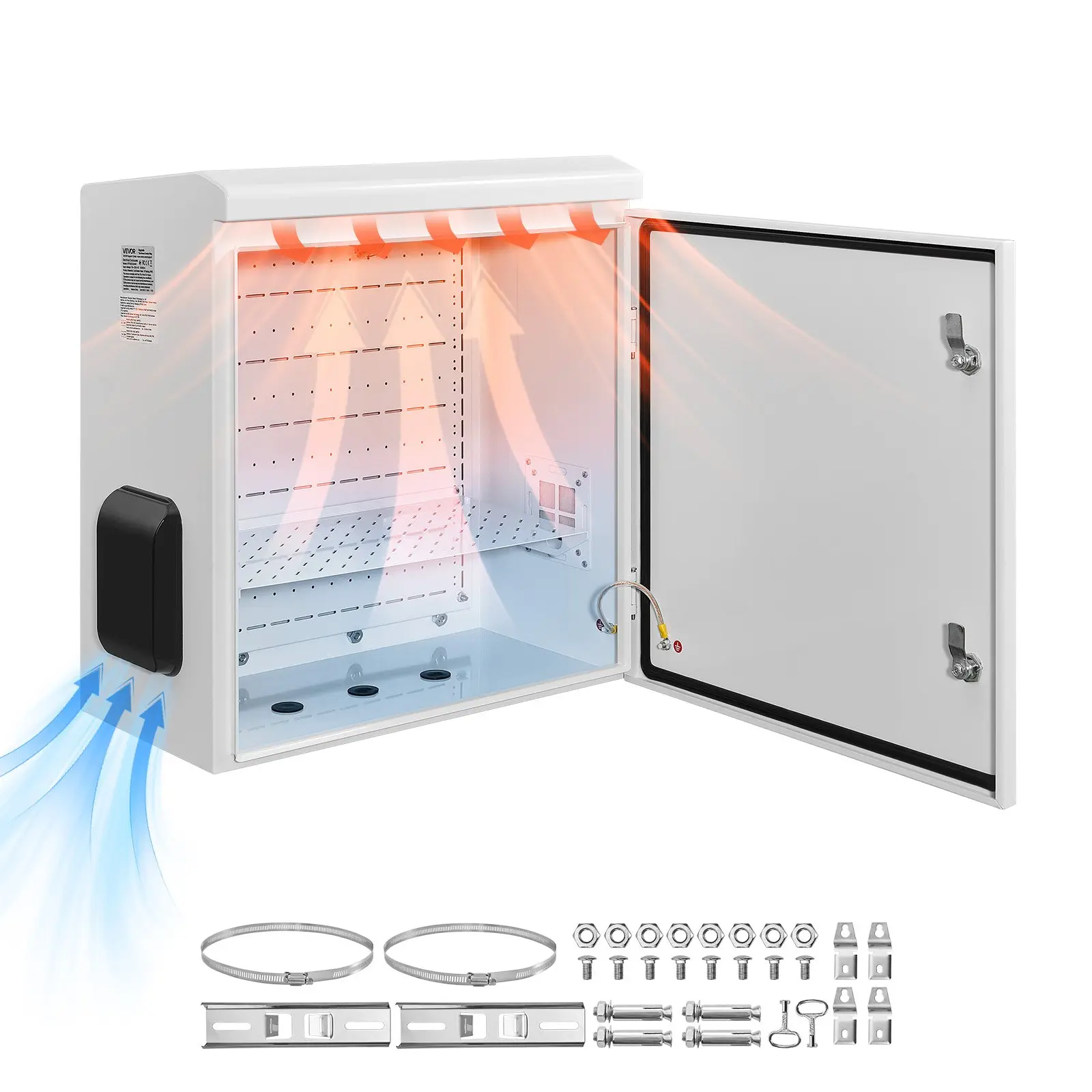 【DealsForYouDays】VEVOR IP65 Waterproof Outdoor Electrical Junction Box, 24x24x12in Cold-Rolled Steel Enclosure, 110-230V AC, with Thermostat, Fan, Rain Cover, Dustscreen, Ventilation, Hinge, Wall-Pole Mount, Cotton for Factories, Demanding Environments