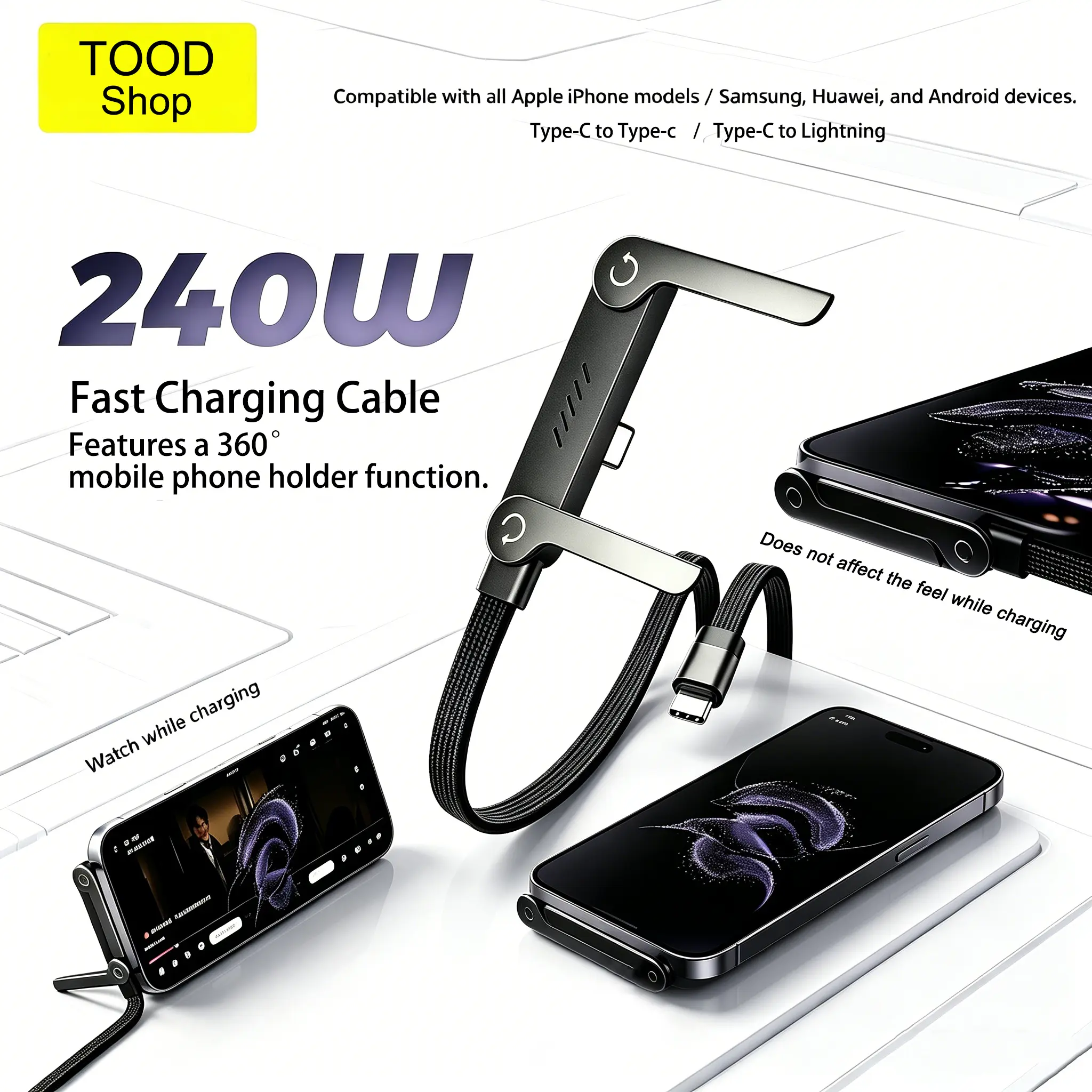 240W Fast Charging Portable Charger with 360° Rotating Stand, 1.5m 2-in-1 Cable + Stand, 2 Interface Options ( Lightning for iPhone 8-14, Type-C for iPhone 15-17 Pro Max Air/Samsung Phones) Type-C to Lightning Charger