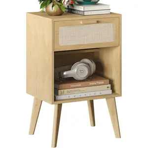 Rattan Nightstand with Opening Storage,Boho Bedside Table with Drawer, Nightstand with Solid  ,End Side Table for Living Room,Bedroom,Small Space  CTG62Y