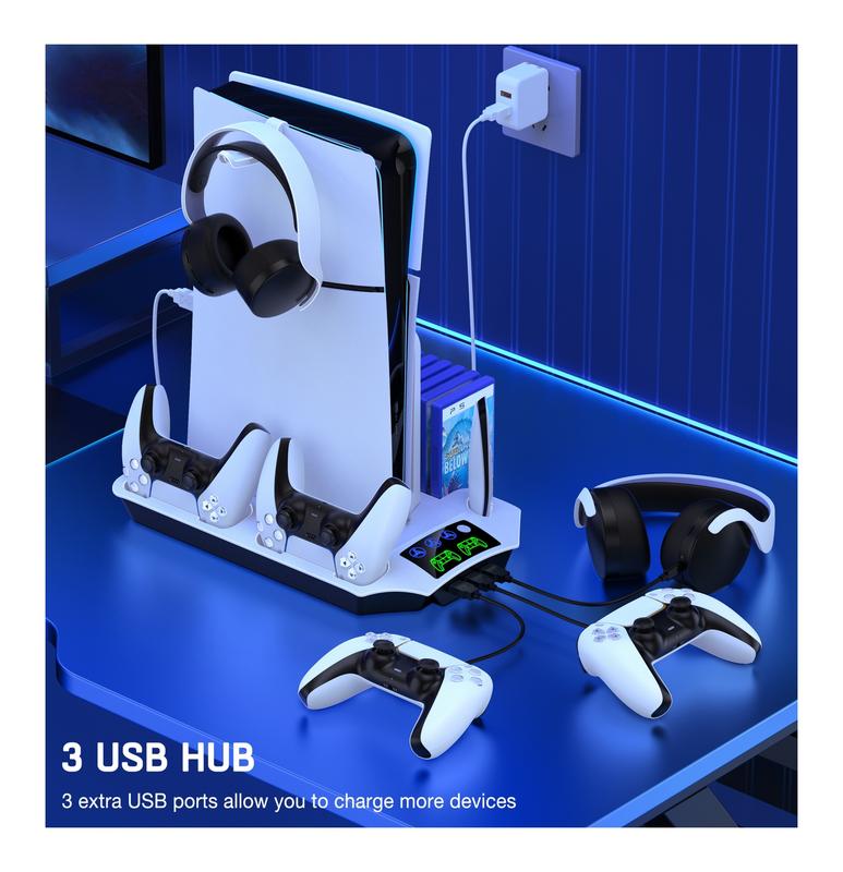 ESYWEN PS5 Slim/PS5 Pro Stand & Cooling Station with Dual Controller Charger, 3-Level Fan, 13-Game Holder, USB Hub, Headset Mount, Fast Charging Dock, LED Indicators