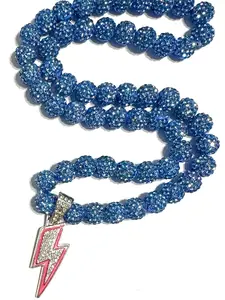Iced Disco Ball Beaded Baseball Softball Chain Necklace Miami Vice Blue + Pink Lightning Pendant