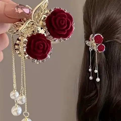 Mother's Day Gift Elegant Vintage Rose Pearl Dangle Hair Clip, Alloy Floral Design, Felt Rose & Transparent Gemstone, Perfect Gift for Mother's Day/valentine's Day, Flower Hair Pin, Flower Hair Clips