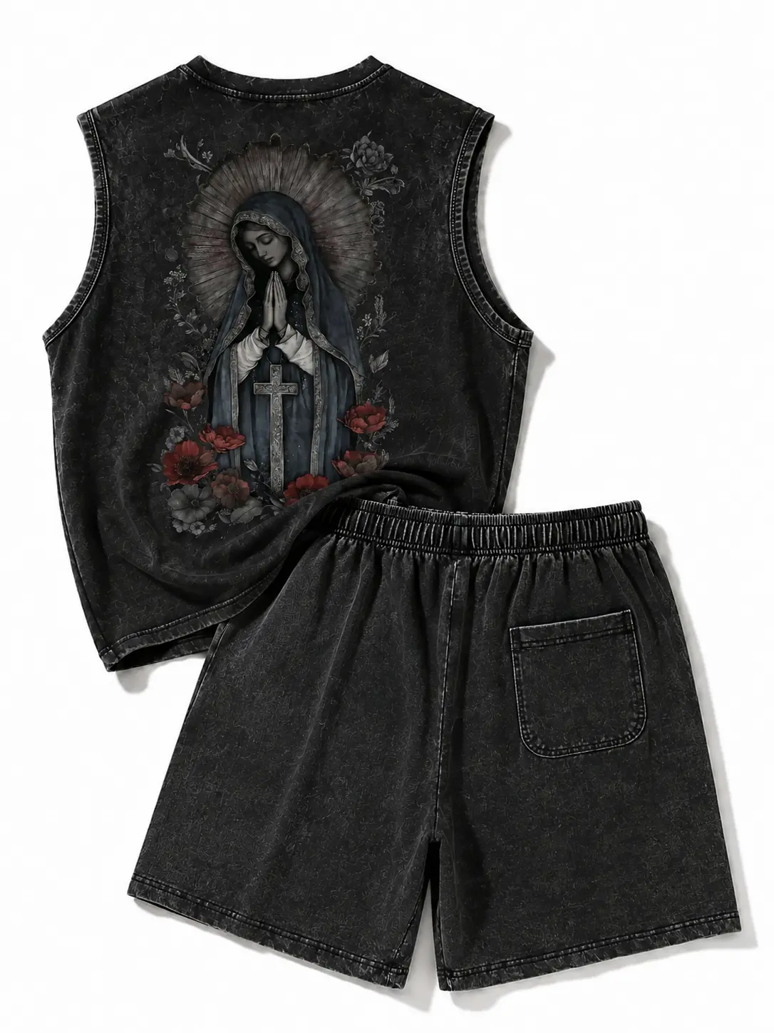 Men's 2-Piece Gothic Y2K Tank Top & Shorts Suits - Vintage Washed Black, Cross Graphic Sleeveless Streetwear Summer Menswear Ensemble sohochic