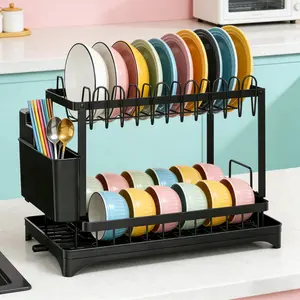 Large 2-Tier Oversink Drying Sink Shelf Rack, layer two drainboard dish drainer, Minimalism Black,stainless steel multifunctional organizer with utensil plate cup board holder, Kitchen counter grilling space-saving storage and heavy duty load versatile